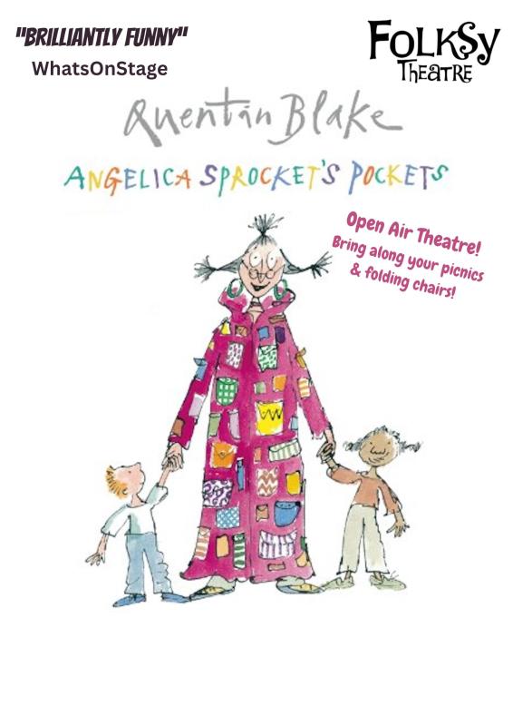 Angelica Sprocket's Pockets poster with Quentin Blake's sketch of Angelica in a pocket coat with two children