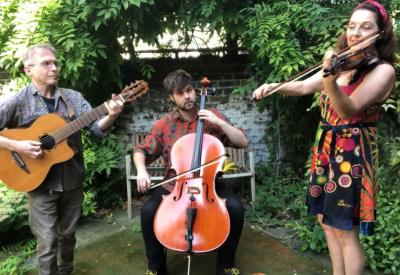 Three musicians, 1 guitar, 1 cello and 1 violin