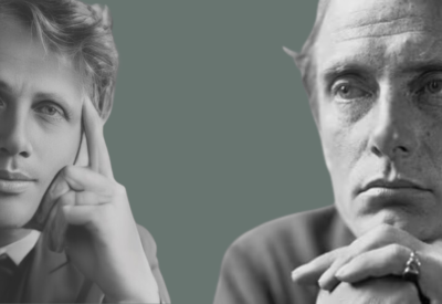 Black and white images of Robert Frost and Edward Thomas on a green background.