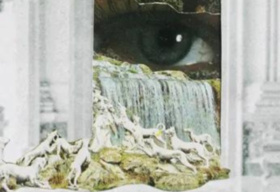 Collage of eye looking through doorway, white marble pillars and a pack of dogs running.