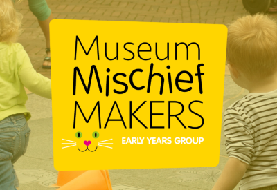 Kids running around the courtyard at Petersfield Museum and Art Gallery with bright yellow Mischief Maker logo