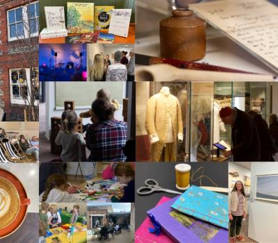 Collage of images from What's On of Petersfield Museum and Art Gallery, exhibitions and events