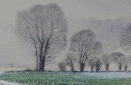 Winter landscape of a field with bordering bare trees.