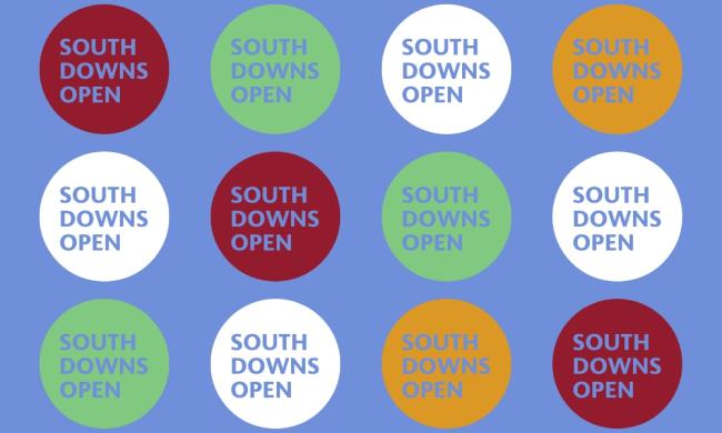 South Downs Open branding blue with yellow, green, white and red dots