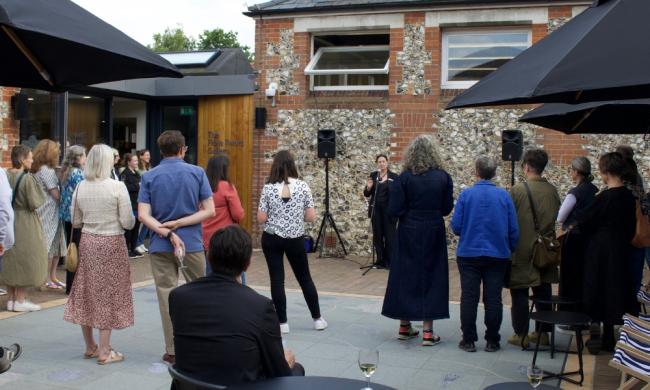 Visitors of the Peggy Guggenheim: Petersfield to Palazzo preview event, listening to curator Louise Weller