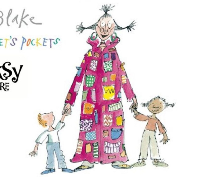 Angelica Sprocket's Pockets drawing with Angelica wearing a hot pink pocket coat with two children