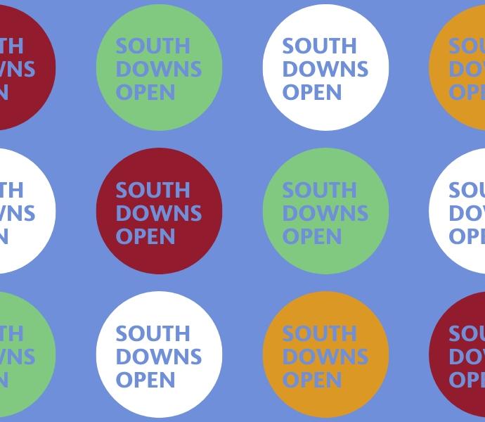 South Downs Open branding blue with yellow, green, white and red dots