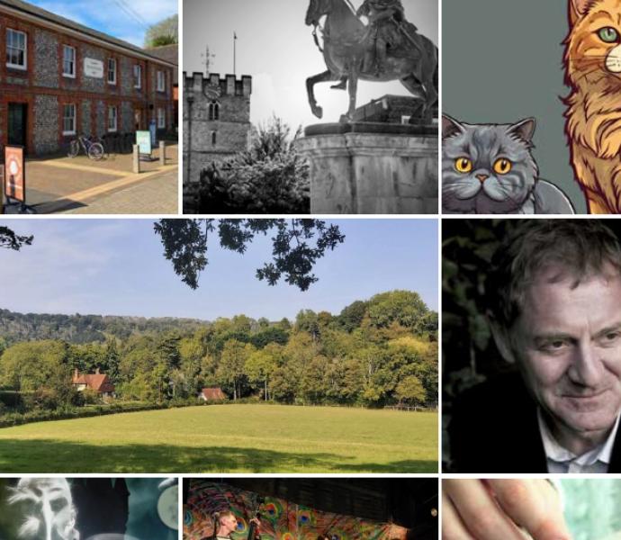 Collage of upcoming Petersfield Museum and Art Gallery events and exhibitions.