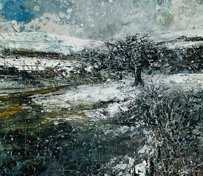 Tim Mullins, Melting Snow, South Downs, 2024 Acrylic on canvas 54 x 64 cm (framed)detail