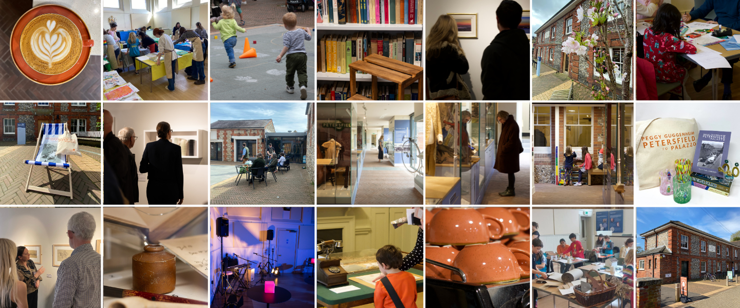 Collage of Petersfield Museum and Art Gallery visitors, exhibitions, site and events.