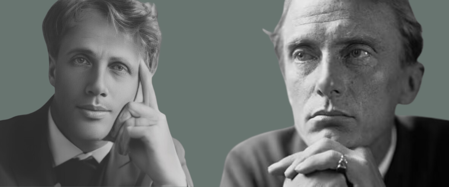 Black and white images of Robert Frost and Edward Thomas on a green background.