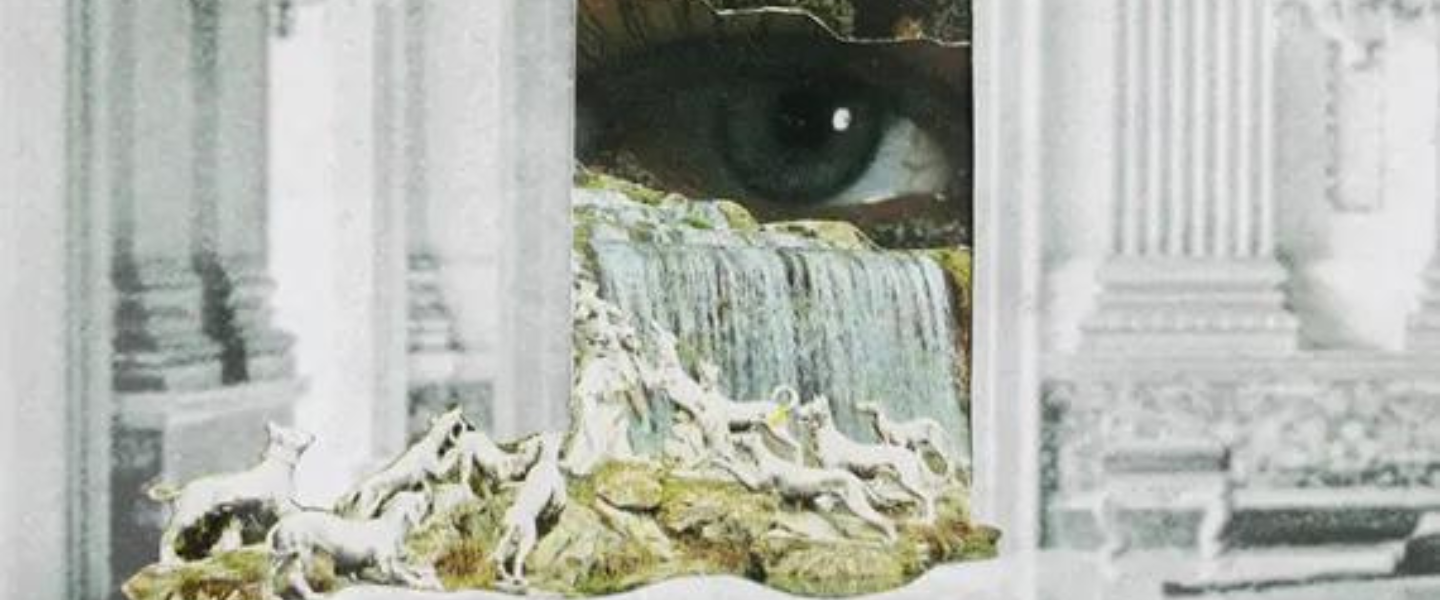 Collage of eye looking through doorway, white marble pillars and a pack of dogs running.