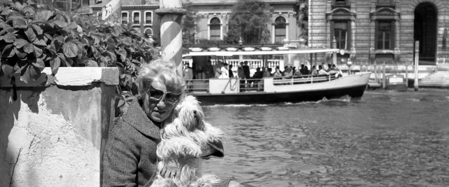 Peggy Guggenheim with her Lhasa Apsos terriers, on the terrace ofPalazzo Venier dei Leoni; Venice, 1973  ©Solomon R. Guggenheim Foundation, Venice,Photo ArchivioCameraphoto Epoche,Gift, Cassa di Risparmio di Venezia, 2005