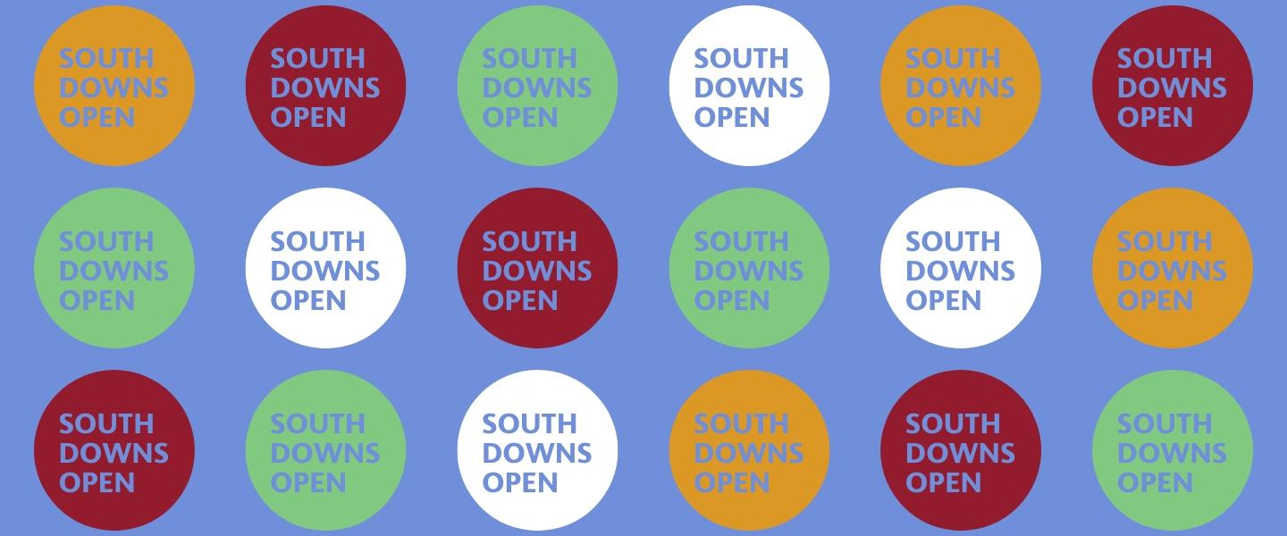 South Downs Open branding blue with yellow, green, white and red dots