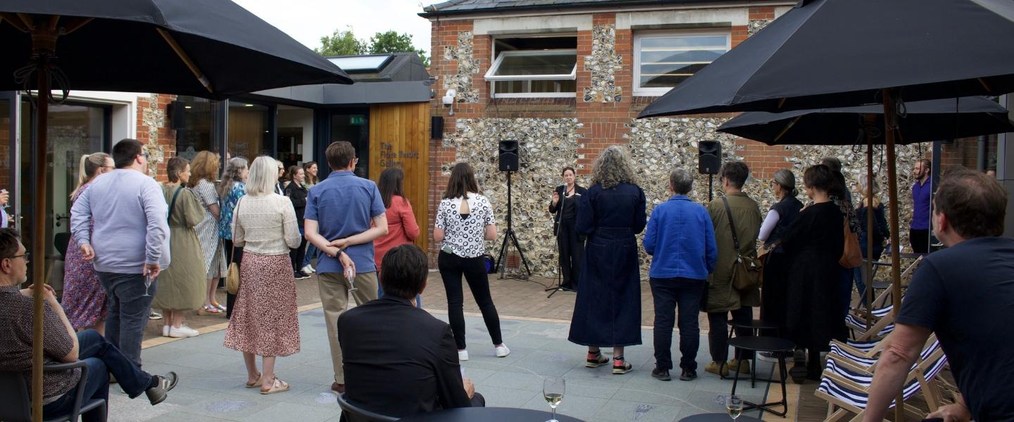 Visitors of the Peggy Guggenheim: Petersfield to Palazzo preview event, listening to curator Louise Weller