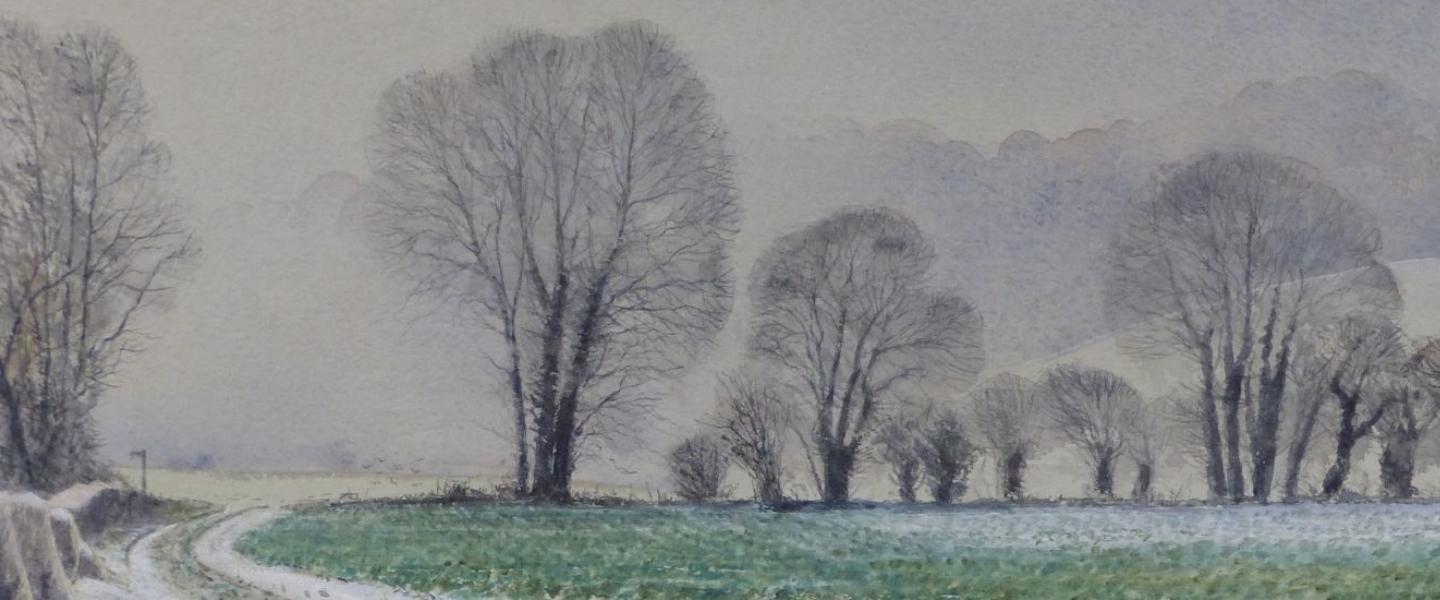 Winter landscape of a field with bordering bare trees.