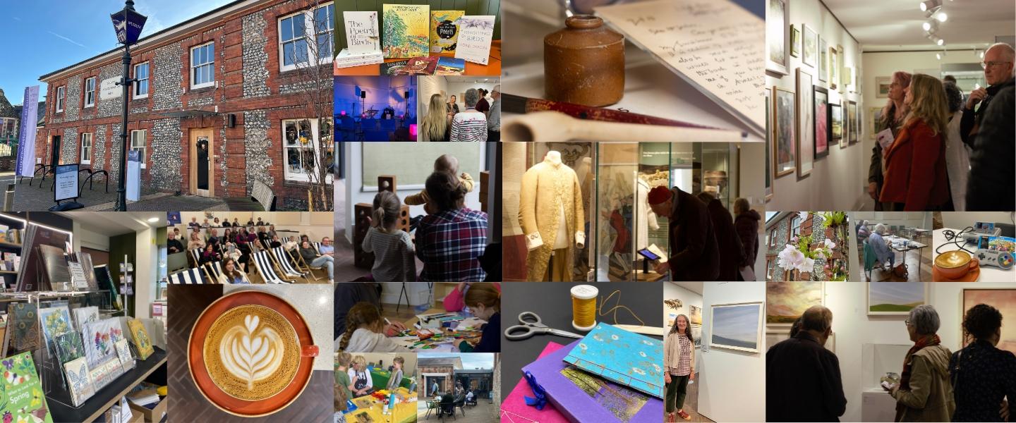 Collage of images from What's On of Petersfield Museum and Art Gallery, exhibitions and events